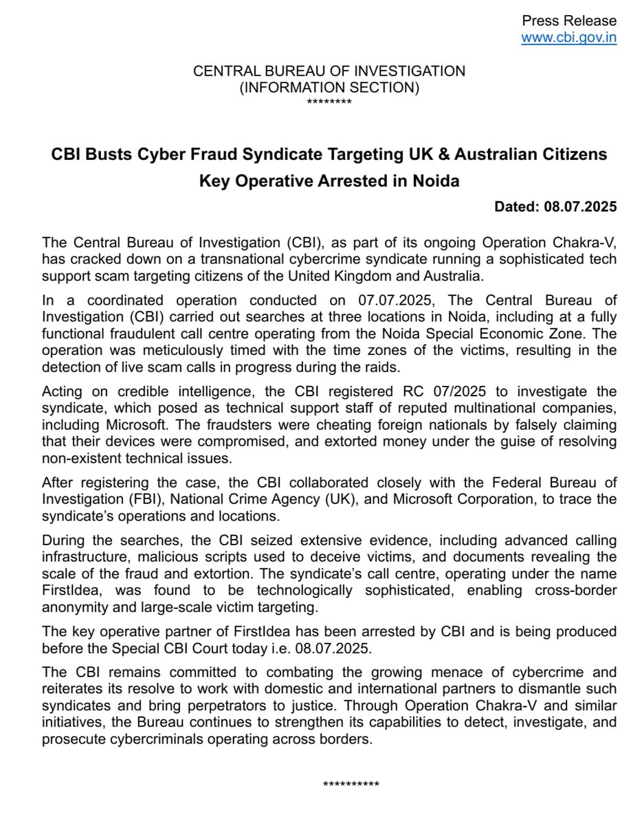CBI Busts Cyber Fraud Syndicate Targeting UK &amp; Australian Citizens; Key Operative Arrested in Noida