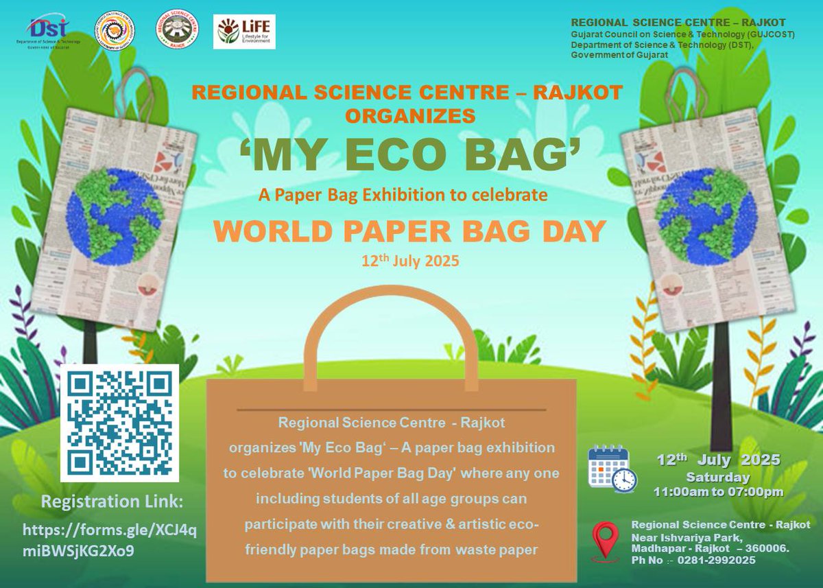 "#GoGreen 🌿 Join @Rscrajkot's "My Eco Bag" exhibition on #worldpaperbagday, July 12, 2025 &amp; celebrate #sustainability! 🛍️ Let's ditch #plastic &amp; make a difference! 🌎 #WorldPaperBagDay #EcoFriendly #Sustainability"