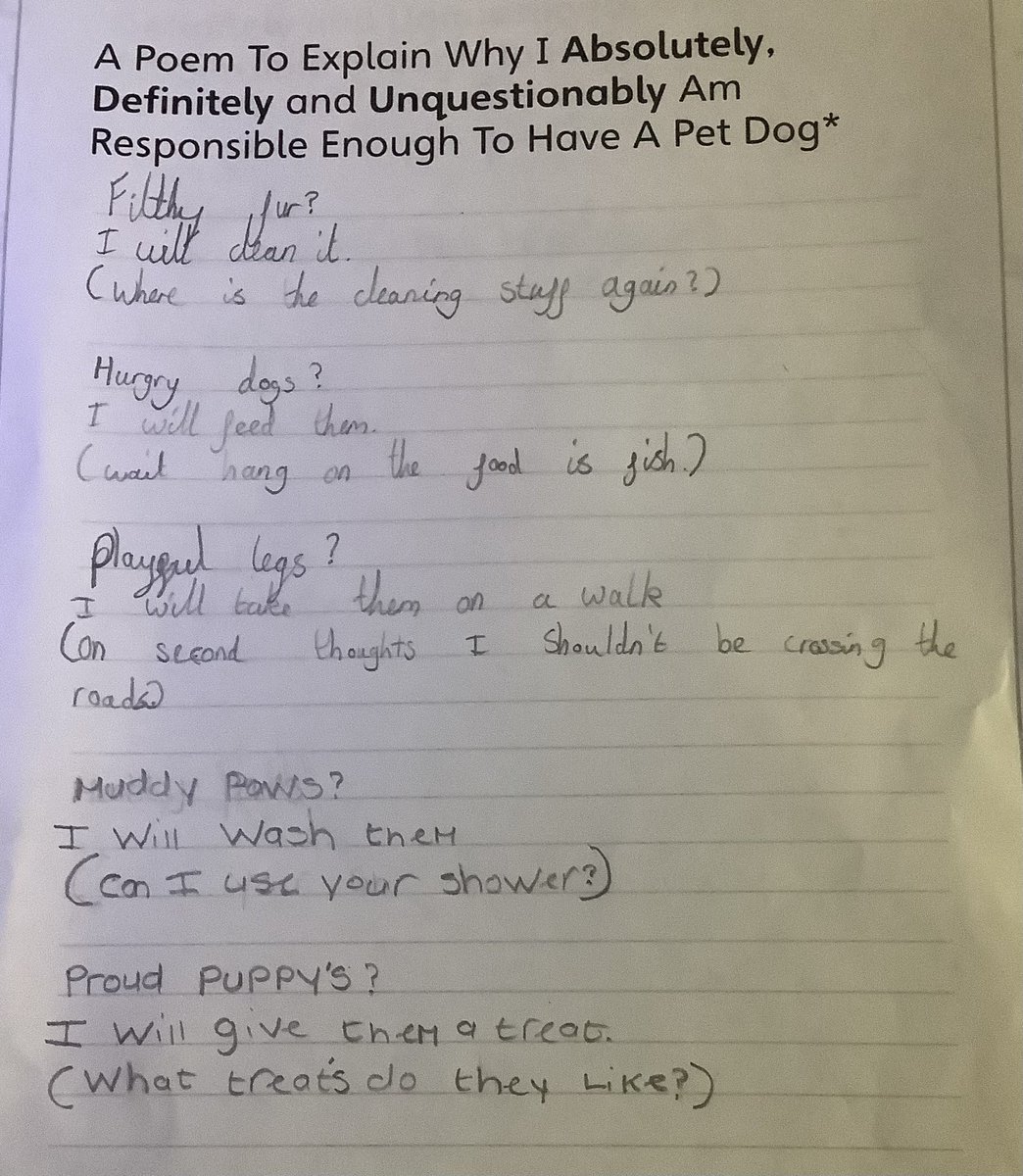 Congratulations to Teddy and Sophie! They won the class competition for writing a free verse poem on why they are responsible enough to have a pet dog (and they did a fantastic job!). Their poems beautifully incorporated parentheses to add extra thoughts and details.
