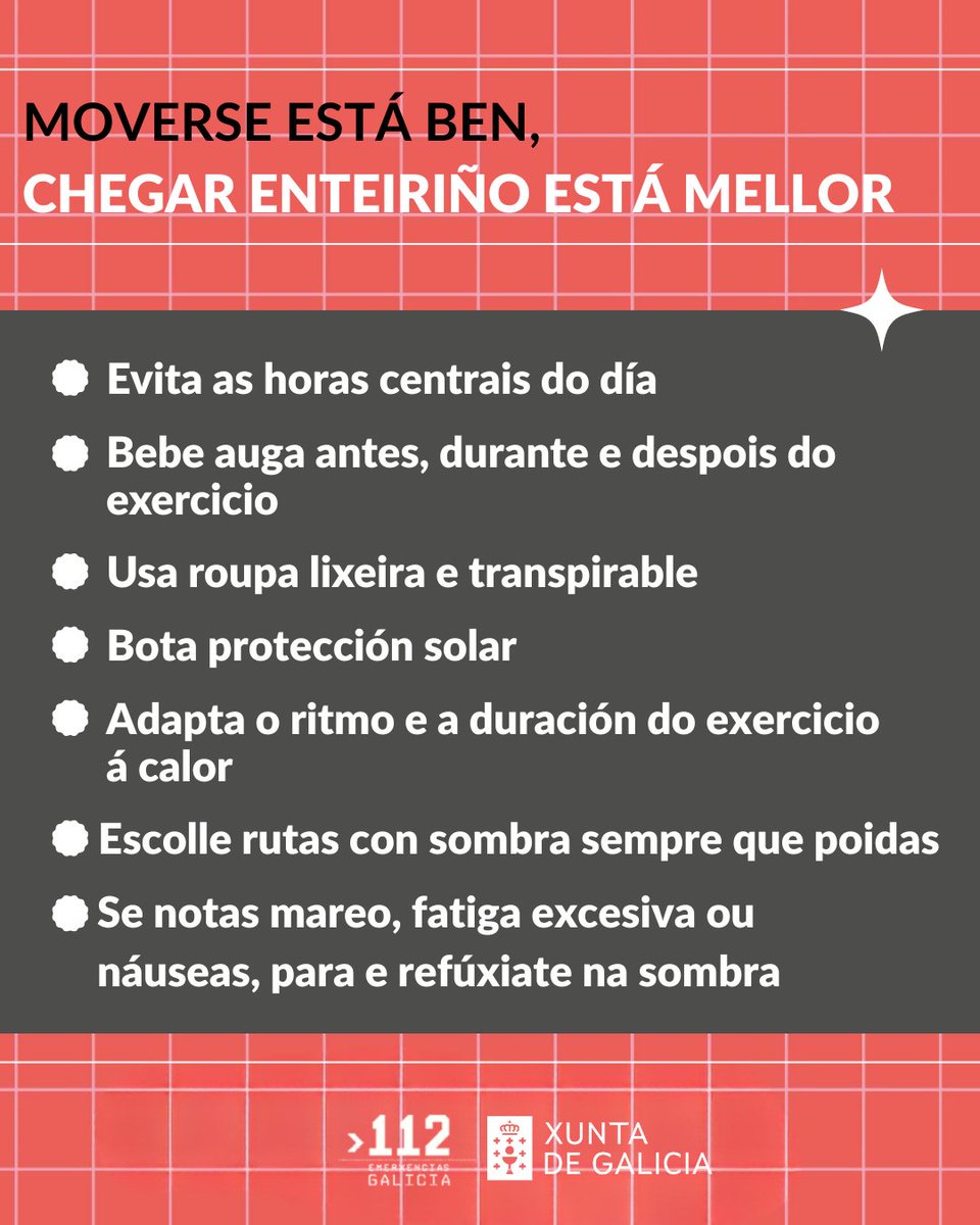 🚴 Cando saias facer deporte, que non sexa a aventura do século.

Lembra: o sol, a deshidratación ou un despiste poden xogarte unha mala pasada.

Aquí van uns consellos para facer deporte ao aire libre sen riscos 👇

#112Galicia