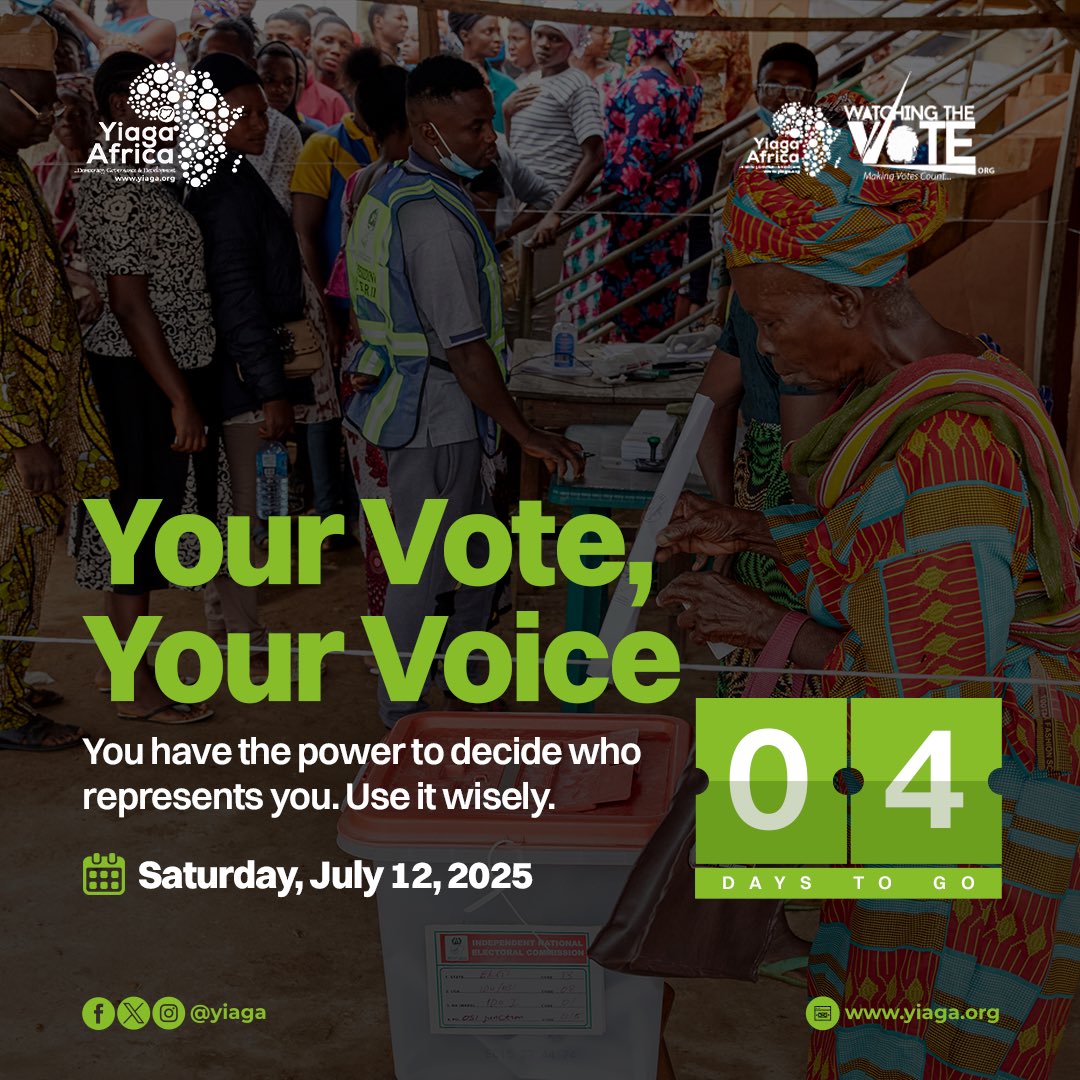 YIAGA's tweet photo. 4 Days to Go!
Every Vote Counts!
The power to shape your community is in your hands. Don't sit this one out.
Make a voting plan
Know your ward
#CountdownToElection #LagosVotes #DemocracyInAction https://t.co/zYLZ302dBo