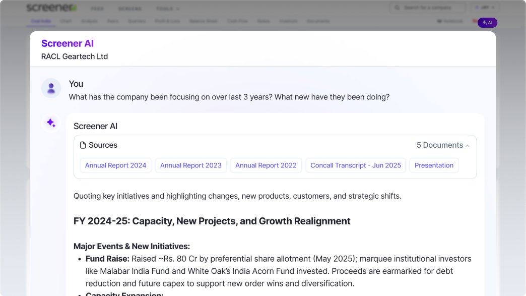 Pratyush Mittal (@faltoo) on Twitter photo <a href="/vlockn/">Vishnu Prasad V P</a> <a href="/mukeshsahnis/">mukesh sahni</a> ✨ Launched Screener AI today: screener.in/ai/
It gives super good answers, out-of-box. No need to upload any documents. No prompt engineering needed.
It is definitely a bit pricey. We are expecting the costs to come down as new models come in. We also have lots of <a href="/vlockn/">Vishnu Prasad V P</a> <a href="/mukeshsahnis/">mukesh sahni</a> ✨ Launched Screener AI today: screener.in/ai/
It gives super good answers, out-of-box. No need to upload any documents. No prompt engineering needed.
It is definitely a bit pricey. We are expecting the costs to come down as new models come in. We also have lots of