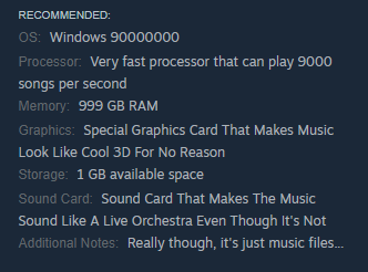 The Steam page for the Deltarune soundtrack has small text at the bottom saying "There's nowhere to put 'recommended computer specs' on the Soundtrack page anymore... wonder why that is." as a nod to the joke requirements for the Undertale soundtrack.