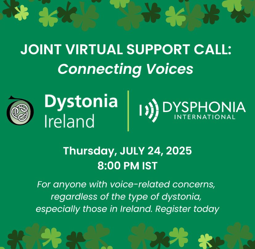 Dystonia Ireland (@dystoniaireland) on Twitter photo <a href="/dysphonia_intl/">Dysphonia International</a> & <a href="/DystoniaIreland/">Dystonia Ireland</a> are holding a joint Virtual Support Meeting at 08:00pm on July 24 2025
Please join us
Zoom meeting registration link:
bit.ly/DI-DI-Meeting
#Dysphonia #Dystonia #DystoniaAwareness <a href="/dysphonia_intl/">Dysphonia International</a> & <a href="/DystoniaIreland/">Dystonia Ireland</a> are holding a joint Virtual Support Meeting at 08:00pm on July 24 2025
Please join us
Zoom meeting registration link:
bit.ly/DI-DI-Meeting
#Dysphonia #Dystonia #DystoniaAwareness
