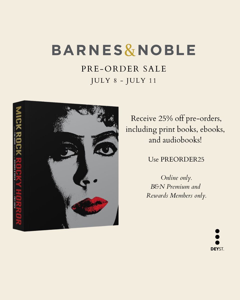 TheRealMickRock's tweet image. It’s astounding!
From July 8-11, Barnes & Noble Rewards and Premium Members will receive 25% off all pre-orders of ROCKY HORROR by MICK ROCK! Premium Members will get an additional 10% off!
Order now at linktr.ee/therealmickrock
Use code PREORDER25 at checkout 👄
#BNPreorder