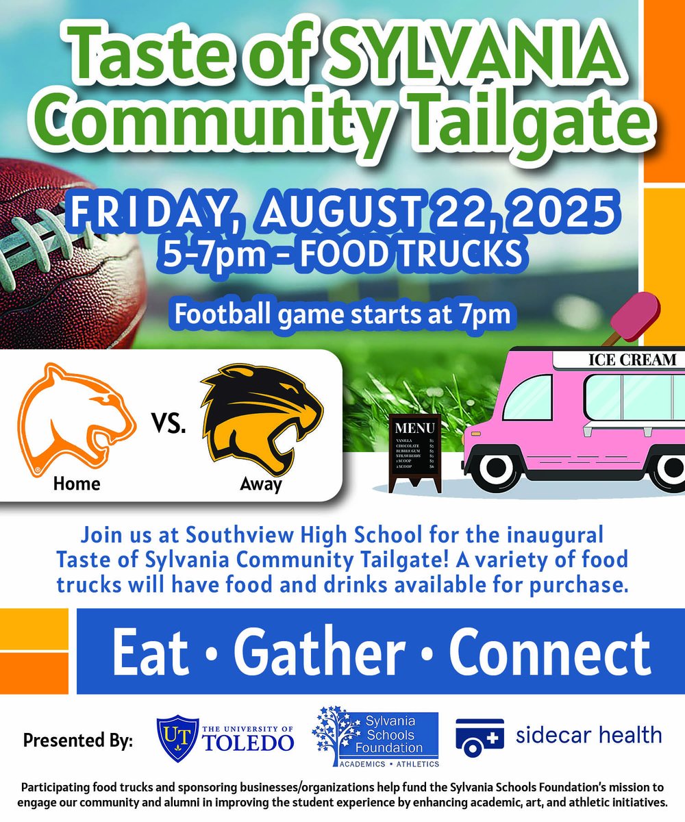 Friday, August 22 - Join us for the Taste of Sylvania Community Tailgate before the NV v. SV game! Thank you to <a href="/UToledo/">The University of Toledo</a> and <a href="/sidecarhealth/">Sidecar Health</a> for sponsoring this great event! #community #GatherEatConnect #foodtrucks #crosstownclassic #gocougars #gowildcats
