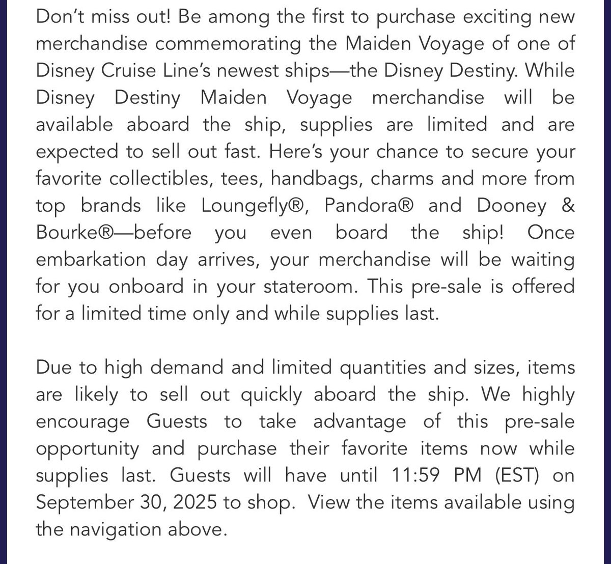 Guests on the maiden voyage of the Disney Destiny now have the opportunity to pre order merchandise. Everything you buy should be waiting for you in your stateroom when you arrive on embarkation day! #DisneyDestiny
