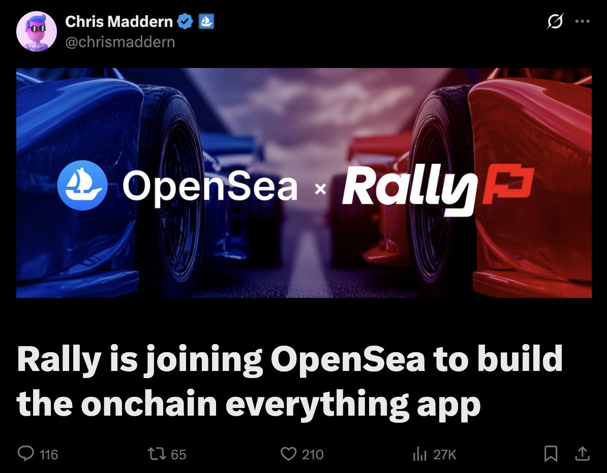 Two more acquisitions today: 

1) OpenSea x Rally
2) Ink x Vertex 

Ink x Vertex deal is interesting. 

Expect to see more protocol to protocols deals like this soon.
