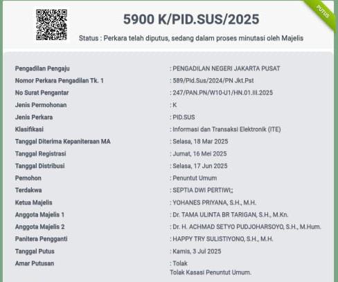 KITA MENANG!!!
PERMOHONAN KASASI JAKSA PENUNTUT UMUM ATAS KRIMINALISASI BURUH PEREMPUAN SEPTIA DWI PERTIWI DITOLAK MAHKAMAH AGUNG!

#pbhinasional #KriminalisasiHukum #buruhperempuan