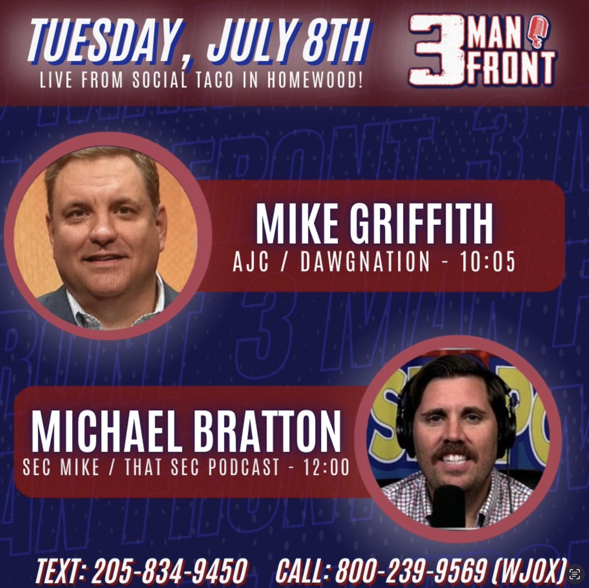 Pat Smith (@patsmithradio) on Twitter photo Coming up next on <a href="/3ManFront/">3 Man Front</a> live from <a href="/SoHoTacoAL/">Social Taco</a> ...
10:05 <a href="/MikeGriffith32/">MikeGriffith32</a>
12:00 <a href="/MichaelWBratton/">SEC Mike</a> Coming up next on <a href="/3ManFront/">3 Man Front</a> live from <a href="/SoHoTacoAL/">Social Taco</a> ...
10:05 <a href="/MikeGriffith32/">MikeGriffith32</a>
12:00 <a href="/MichaelWBratton/">SEC Mike</a>