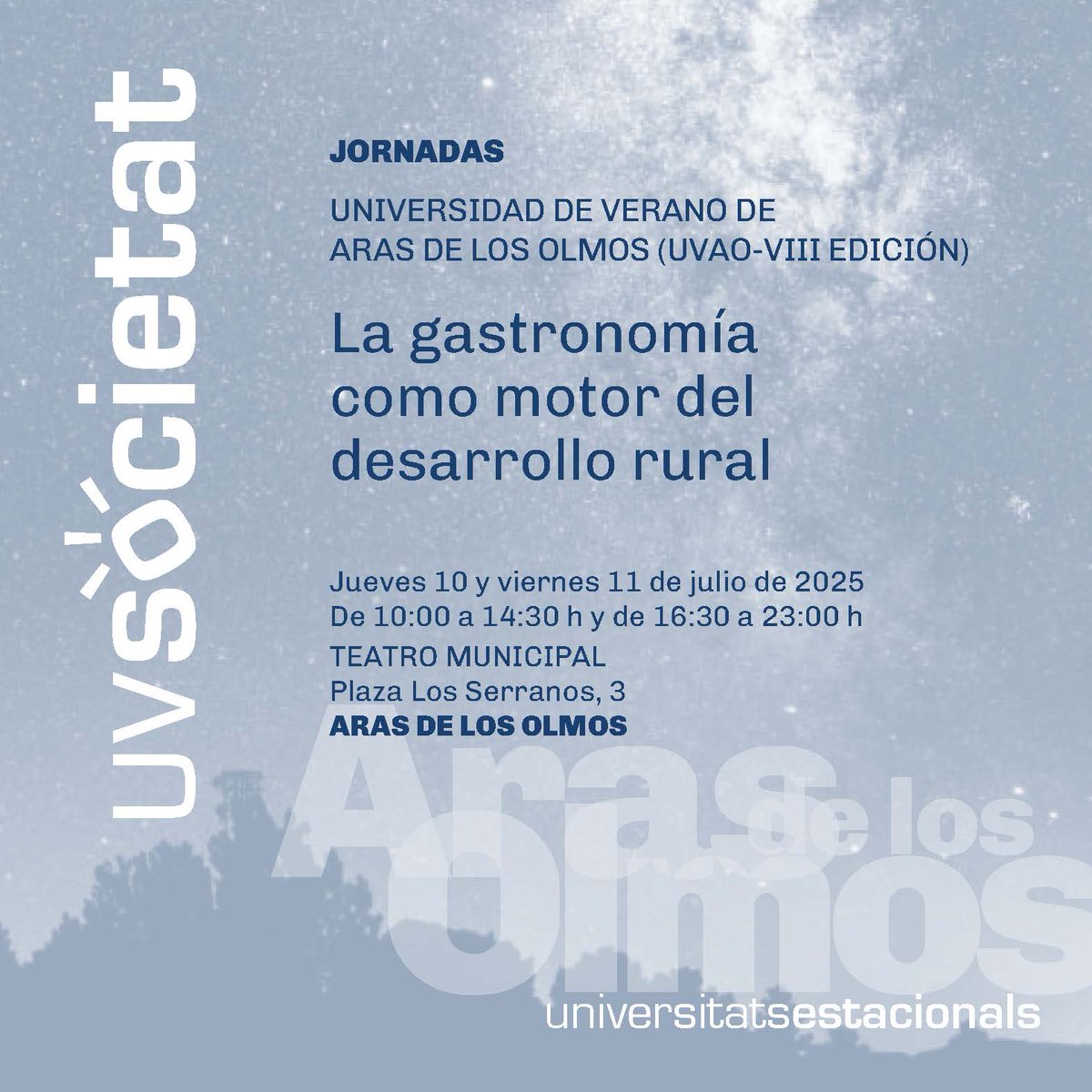 Fundación El Olmo (@fundacionelolmo) on Twitter photo Aras de los Olmos acoge, un año más, la Universidad de Verano "La gastronomía como motor del desarrollo rural", las jornadas que se desarrollan los días 10 y 11 de julio, abordando la riqueza agroalimentaria como pilar de identidad, innovación y sostenibilidad. <a href="/ArasdelosOlmos1/">Aras de los Olmos</a> Aras de los Olmos acoge, un año más, la Universidad de Verano "La gastronomía como motor del desarrollo rural", las jornadas que se desarrollan los días 10 y 11 de julio, abordando la riqueza agroalimentaria como pilar de identidad, innovación y sostenibilidad. <a href="/ArasdelosOlmos1/">Aras de los Olmos</a>