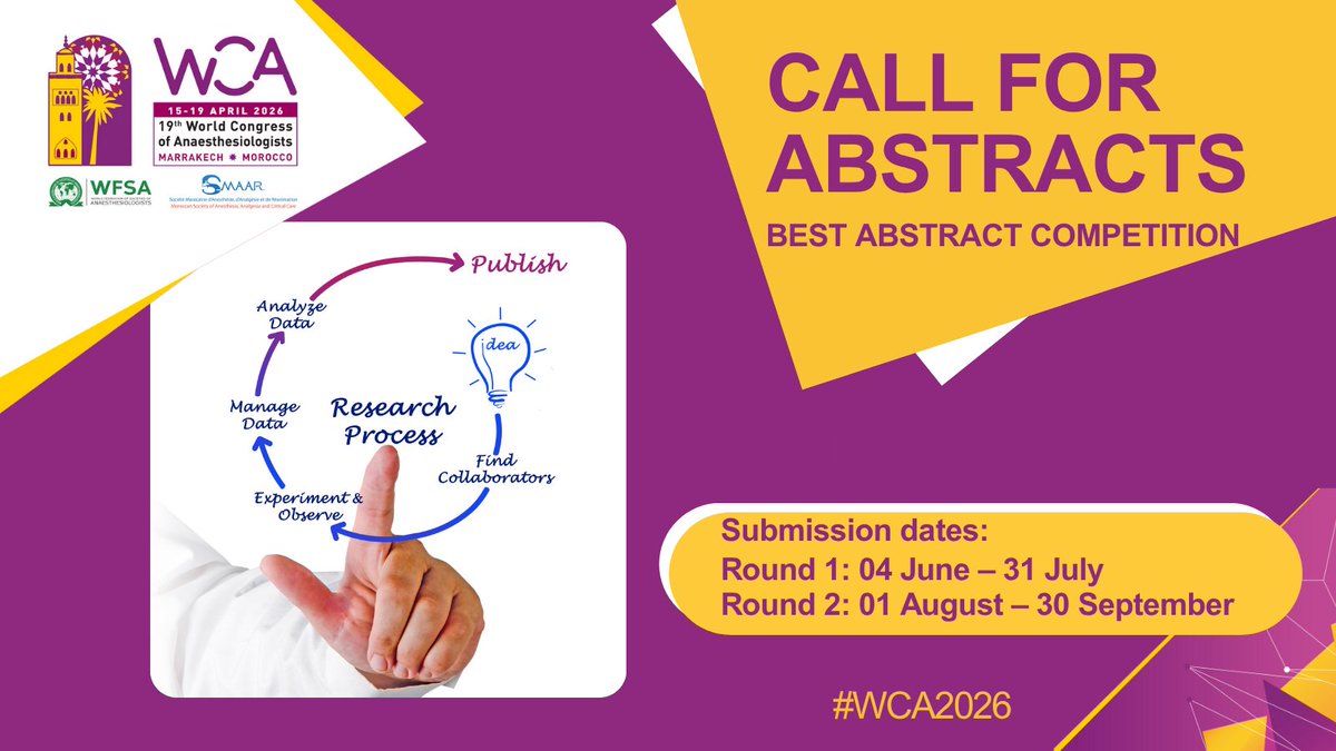 wfsawca's tweet image. Abstract submission for #WCA2026 Round 1 closes 31 July 🗓️

Submit your research to be eligible for awards, certificates, and a chance to present live in Marrakech.

Final deadline: 30 Sept 2025

More information: wcacongress.org/abstracts