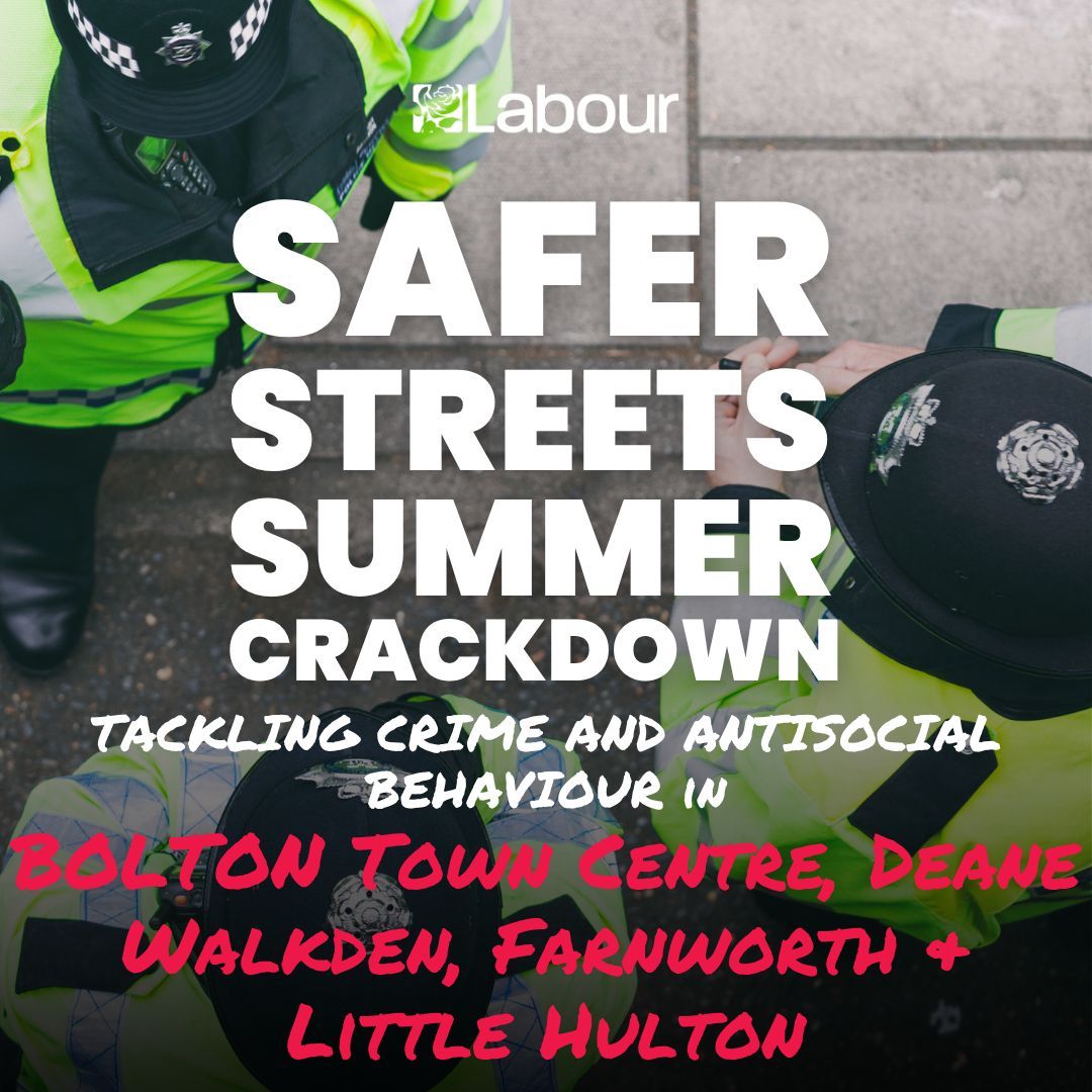 YasminQureshiMP's tweet image. I am proud that Bolton South and Walkden is part of Labour’s summer blitz on town centre crime.
You will see more police on patrol, tougher action on shoplifting, and real support for our communities.
After years of rising crime, we are taking back our high streets.
