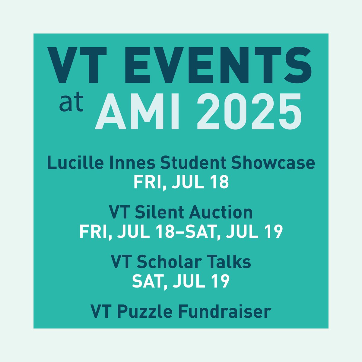 July is a busy month for the #VesaliusTrust! We
have four events taking place at the <a href="/AMIdotorg/">AMI</a> conference in Grand Rapids, MI (July 16–19, 2025): Student Showcase, Puzzle Fundraiser, Silent Auction, Scholars Talks and awards. #charity #fundraiser #medill
#sciart #scholarships