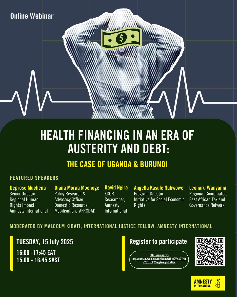 AmnestyEARO's tweet image. Join us and unpack the interconnected challenges of sovereign debt, taxation, and underfunded public health systems, in Uganda and Burundi, and how these challenges have impacted right to health in country. Register amnesty-org.zoom.us/webinar/regist… @AmnestySARO
