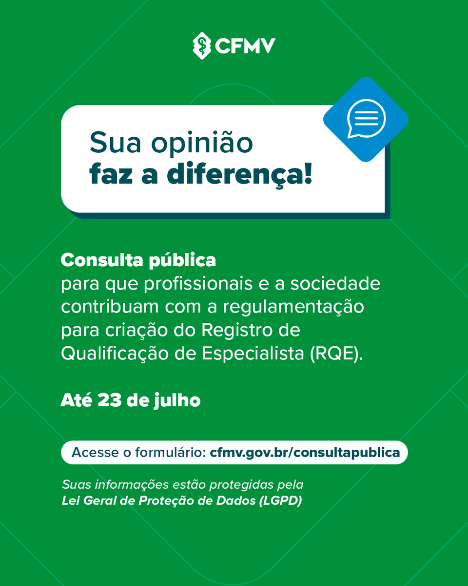 CFMV's tweet photo. Está aberta a Consulta Pública Registro de Qualificação de Especialista (RQE) para médicos-veterinários e  zootecnistas ⚠️ Contribua até 23/07/2025 acessando: https://t.co/uymR8AOOYu https://t.co/nn6nLIAC0I