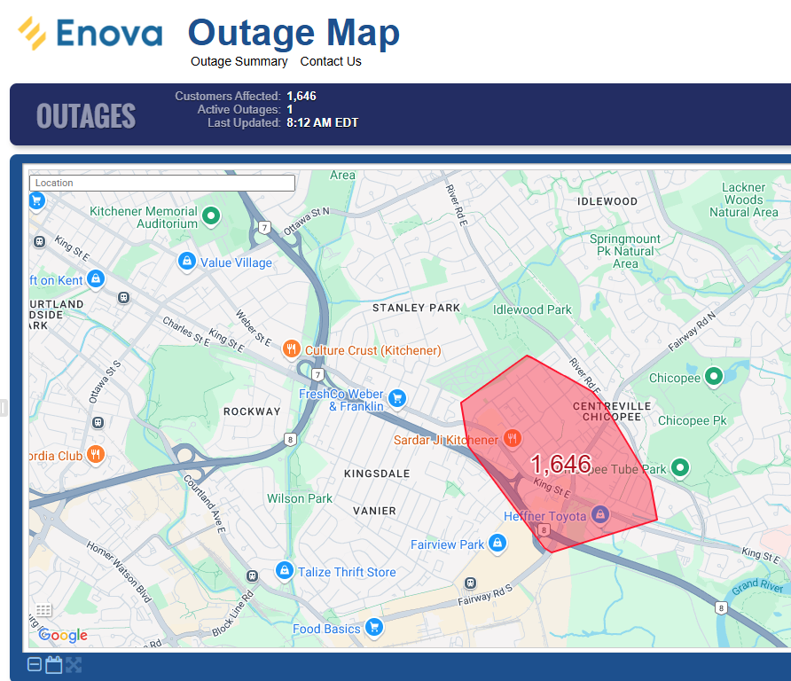 Crews are responding to a power outage in #Kitchener affecting 1,646 customers due to a downed powerline. The current ETR is 10:30 a.m. Please treat all affected intersections as a 4-way stop. Thank you for your patience. enovapower.com/outageskw