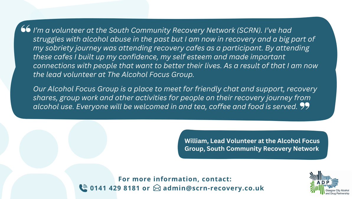 GlasgowCityADP (@glasgowcityadp) on Twitter photo The Alcohol Focus Group is a recovery café that meets every Tuesday from 2-4pm at The Adelphi Centre, 12 Commercial Road, G5 0PQ.
To get in touch or find out more, contact: 0141 429 8181 or admin@scrn-recovery.co.uk #AlcoholAwarenessWeek The Alcohol Focus Group is a recovery café that meets every Tuesday from 2-4pm at The Adelphi Centre, 12 Commercial Road, G5 0PQ.
To get in touch or find out more, contact: 0141 429 8181 or admin@scrn-recovery.co.uk #AlcoholAwarenessWeek