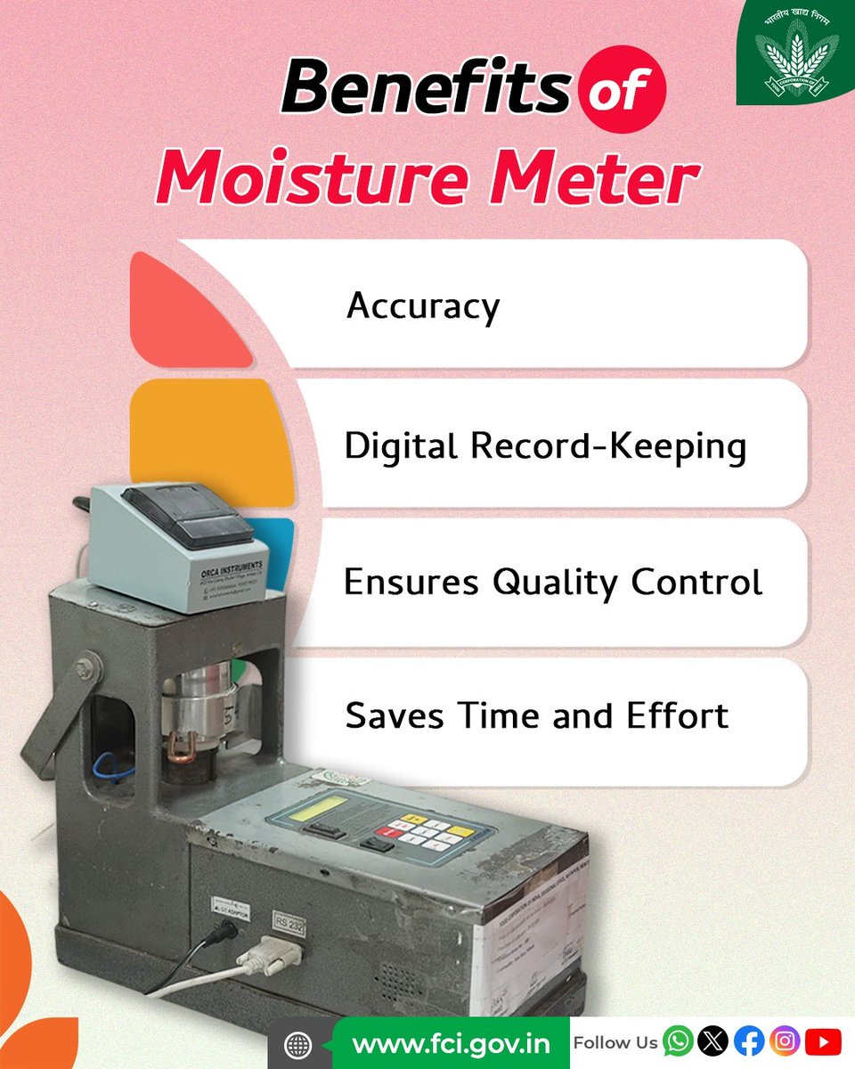 FCI_India's tweet image. FCI utilizes moisture meters to streamline the process of checking moisture levels in food grains efficiently and quickly, ensuring they meet the quality norms set by the Government of India.
#TechTransformation #Technology @fooddeptgoi @JoshiPralhad