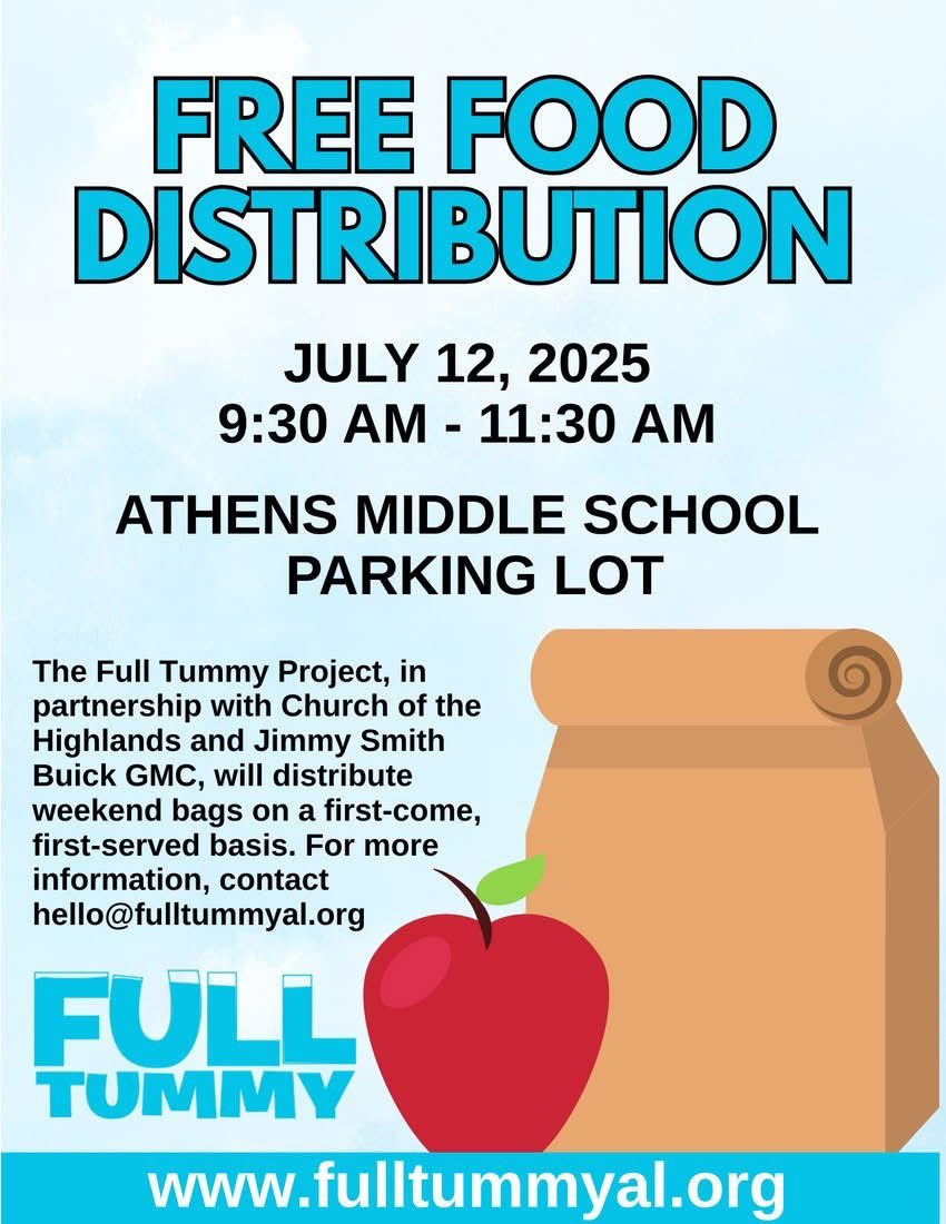 The Full Tummy Project, in partnership with Church of the Highlands &amp; Jimmy Smith Buick GMC, will host a drive-up food distribution for children in Athens &amp; Limestone County on Saturday, July 12. This special event will be held in the Athens Middle School parking lot at 9:30 AM.