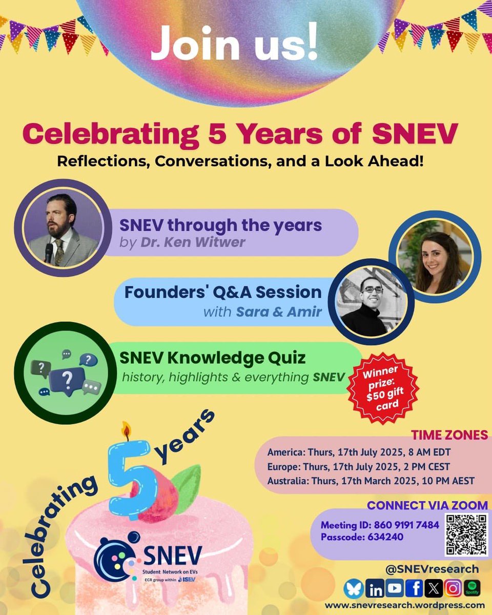 SNEVresearch's tweet image. 🎈SNEV 5th Anniversary Celebration🎈

Join us as we reflect on the journey, celebrate our community, and look to the exciting path forward! 

Highlights like a talk by Dr. Ken Witwer, Founders&apos; Q&amp;amp;A, and a quiz to win a $50 gift card! 

Let’s celebrate YOU and the community!