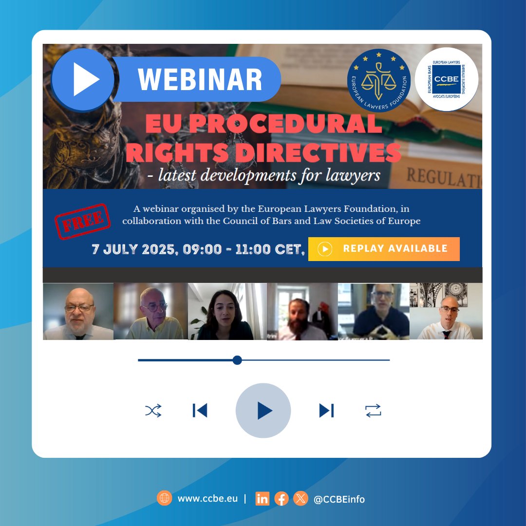 CCBEinfo's tweet image. 💻 ✅ 321 lawyers attended yesterday's CCBE/ELF webinar on EU Procedural Rights Directives - latest developments for lawyers!
🔎Watch the replay: bit.ly/4kofbPy
🔎All the materials: bit.ly/462fCff