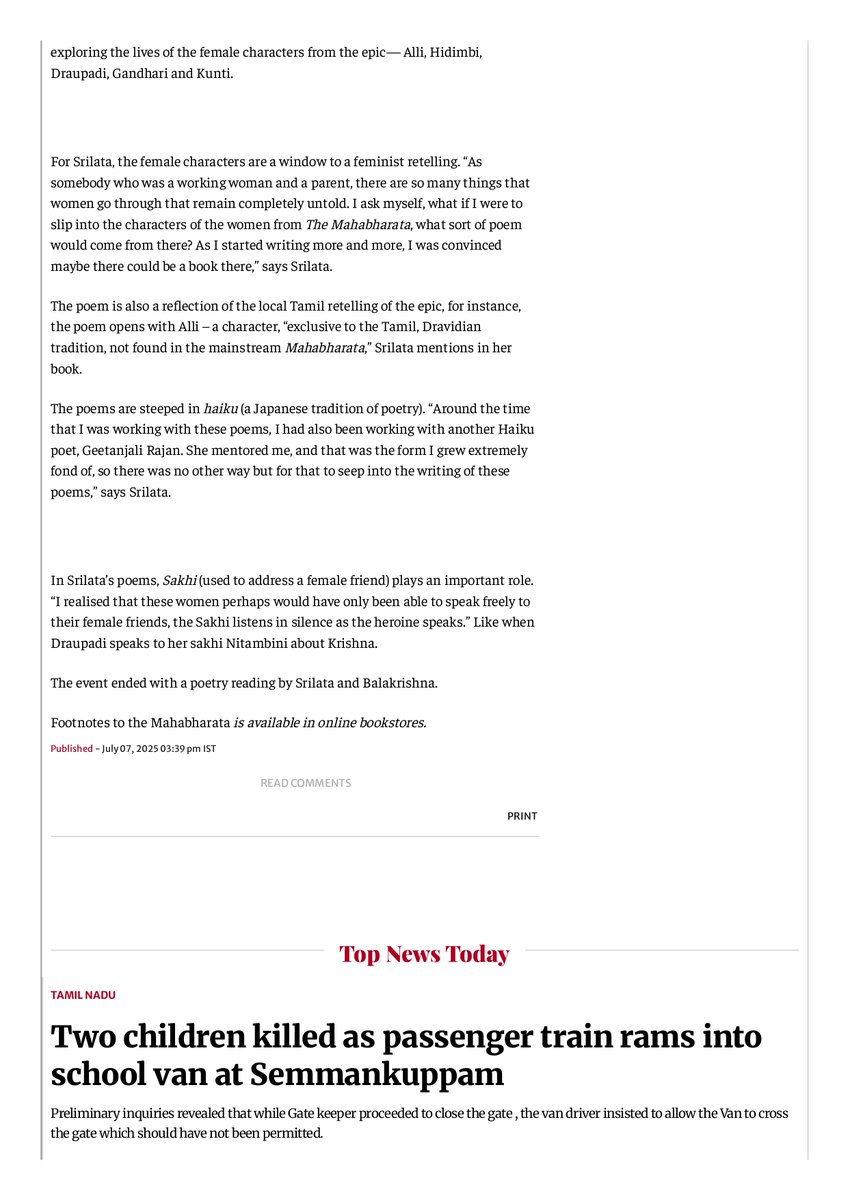 SrilataKrishnan's tweet image. &quot;Footnotes to the Mahabharata&quot; in &quot;The Hindu&quot; and the &quot;New Indian Express&quot;.
thehindu.com/books/a-femini…