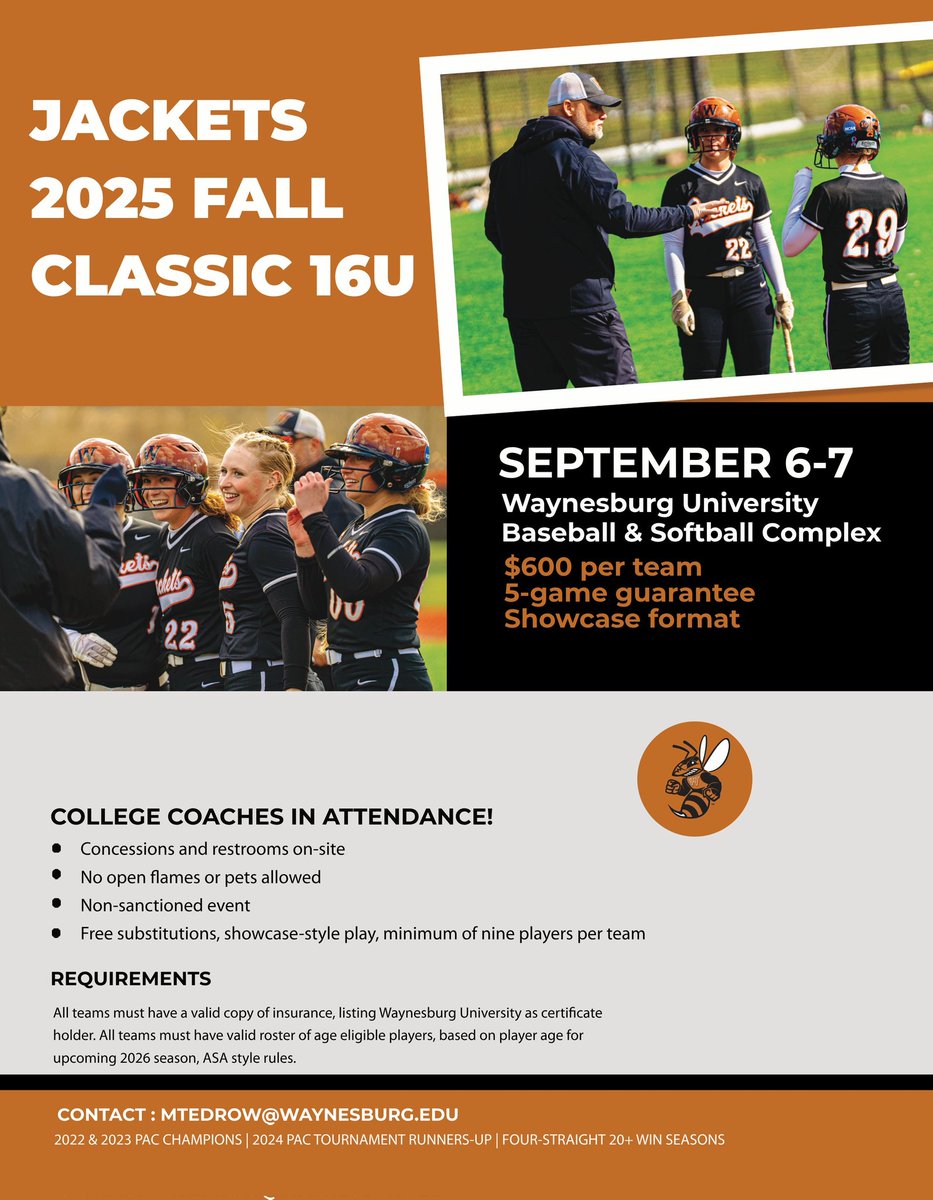 Waynesburg University Softball (@wujacketssb) on Twitter photo Calling all top 14U & 16U teams! Come show your stuff at the 2025 Jackets Fall Classic - 16U Showcase.
Register:
waynesburguniversity.forms-db.com/view.php?id=14β¦
For more information: mtedrow@waynesburg.edu Calling all top 14U & 16U teams! Come show your stuff at the 2025 Jackets Fall Classic - 16U Showcase.
Register:
waynesburguniversity.forms-db.com/view.php?id=14β¦
For more information: mtedrow@waynesburg.edu