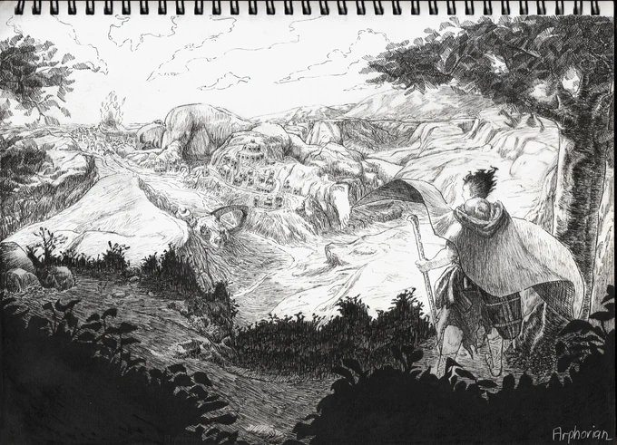 A pen and ink drawing of a rugged landscape. Amongst the rocks and plateaus, a large human figure is sprawled, lying down on the ground with his outstretched right arm possessing an ethereal flame. The rocky land has propagated onto the large human figure, bounding the body in place. Around the body are settlements of people along with bridges, arches and a river. On the foreground is a man with a staff, wearing a cape with a "vessel" on his back.