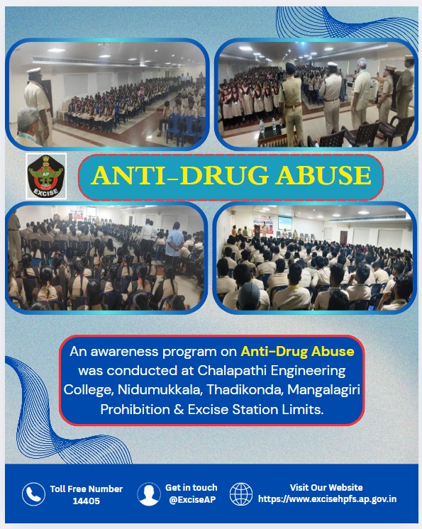 exciseAP's tweet image. 🚫 An Anti-Drug Abuse Awareness Program was successfully conducted at Chalapathi Engineering College, Nidumukkala, under the Mangalagiri Prohibition &amp;amp; Excise Station Limits Thadikonda Mandal.
Let's stand together for a Drug-Free Society! 💪
#SayNoToDrugs #DrugFreeIndia #ExciseAP