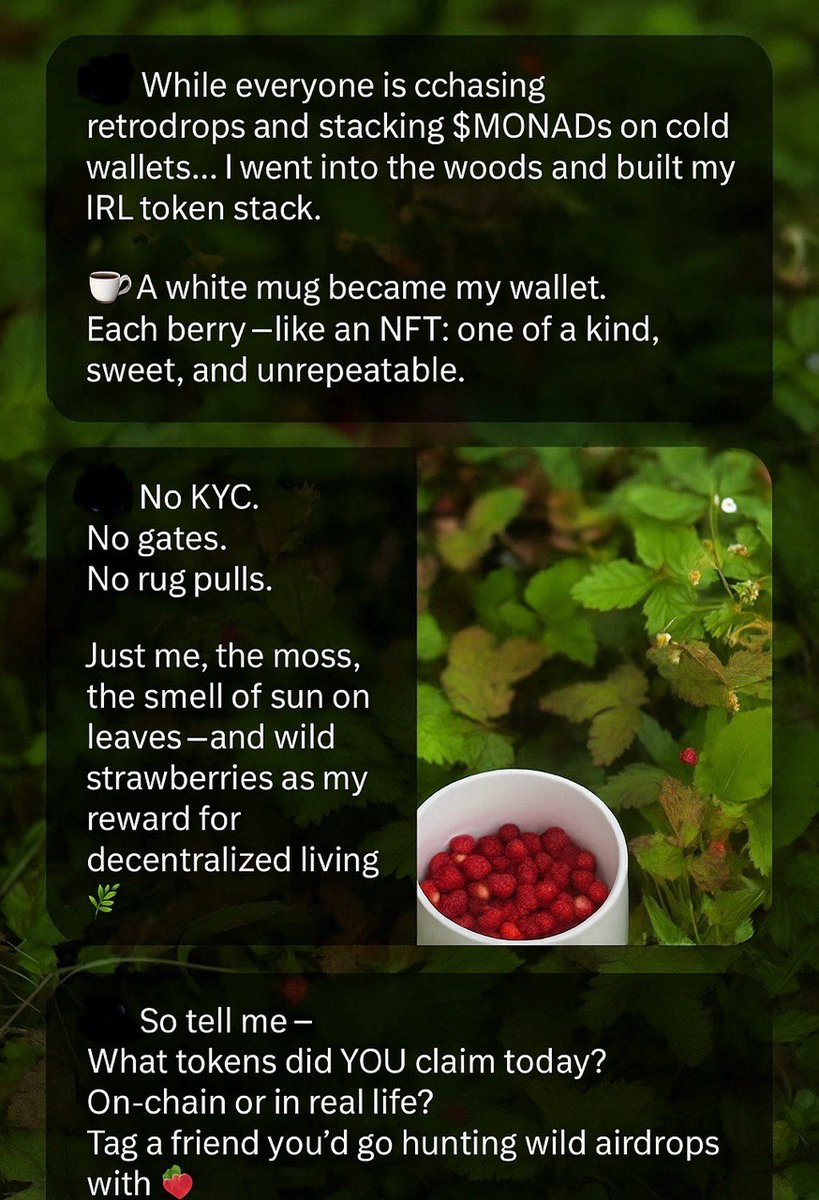 miss_drop_'s tweet photo. โก๏ธSo tell me :
โก๏ธWhat tokens did YOU claim today?
โก๏ธOn-chain or in real life?
โก๏ธTag a friend you'd go hunting wild airdrops with ๐
#Web3 #AirdropSeason #Monad #CryptoMood #IRLtokens #miss_drop #NatureDrop #ZkSnacks https://t.co/Tvr5BqkY6i