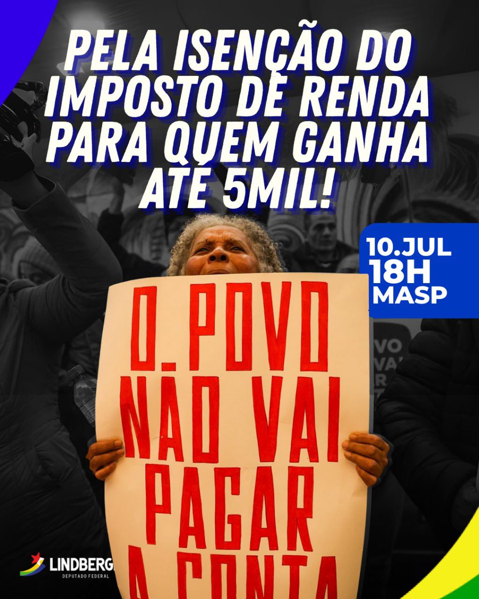 Mobilização Nacional – 10 de Julho, quinta, 18h no MASP

Pelo fim da escala 6x1.
Pela taxação dos super-ricos.
Pela isenção do IR pra quem ganha até 5 mil.

Chega de ver o pobre pagar a conta enquanto o rico lucra!
Bora ocupar as redes e as ruas!

POBRE PAGA RICO LUCRA