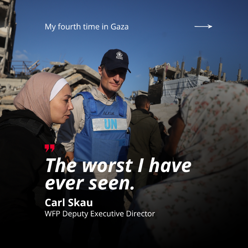 WFP's tweet photo. “This is the worst I’ve ever seen."

Swipe to read the words of WFP’s Deputy Executive Director @CarlSkau describing the conditions, danger, and shortages driving hunger in #Gaza.