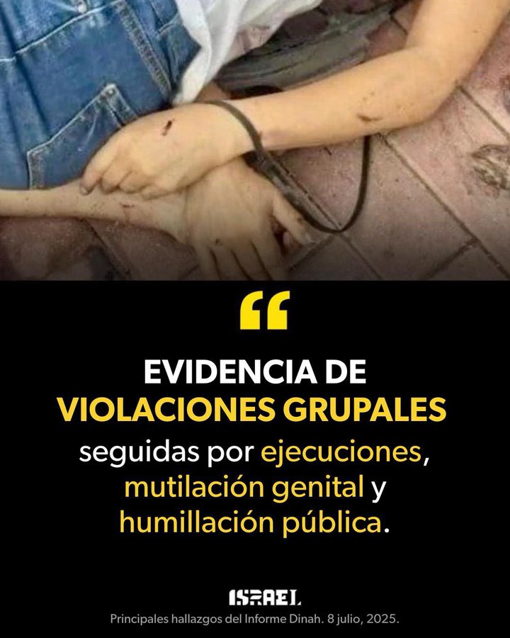 IsraelinChile's tweet photo. No fue aleatorio. Fue sistemático. Una táctica intencional de terror y un crimen de guerra.

Violación. Mutilación genital.  

Hamás usó la violencia sexual como arma de guerra, en la masacre del 7 de octubre y después.  

El Informe Dinah, publicado hoy, exige una rendición de cuentas.  

No dejaremos de luchar por la justicia.  

Informe completo: https://t.co/SAkD2BPLDQ