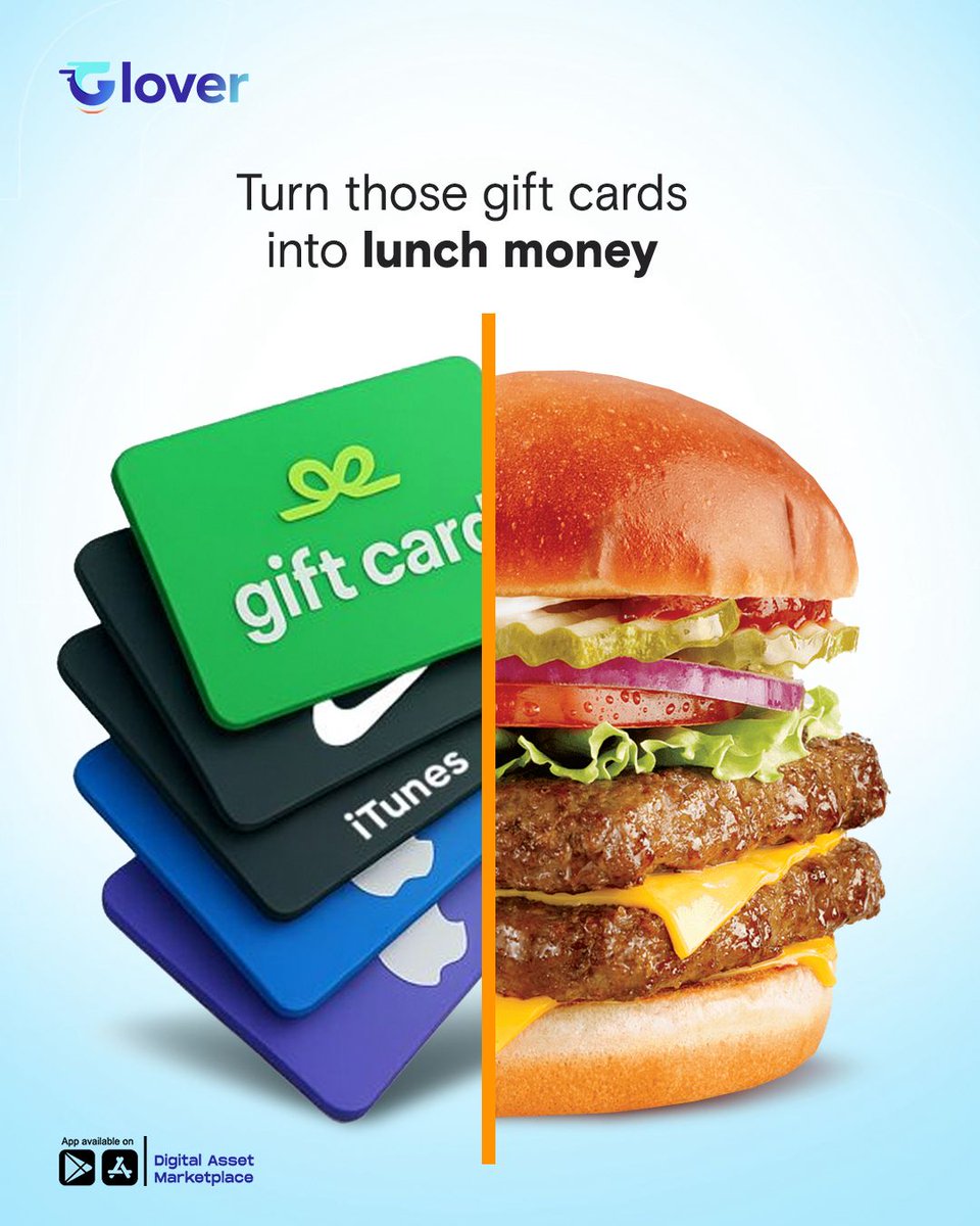 Gloverapp's tweet photo. That gift card in your drawer?
Yeah, it could be feeding you right now.
Turn unused cards into real cash fast, easy, no wahala.
Trade now. Chop later. Only on Glover.
#GloverApp #GiftCardTrading #FastCash #LunchMoneyPlug #DigitalAssets #CardToCash #SmartMoneyMoves https://t.co/QELn0Mkuyh