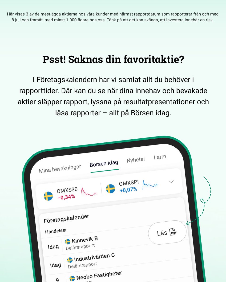Här är din guide i rapporttider 🗓️ Spara den för att inte missa när de mest populära aktierna hos oss släpper rapport. Vilka rapporter ser du mest fram emot att läsa?