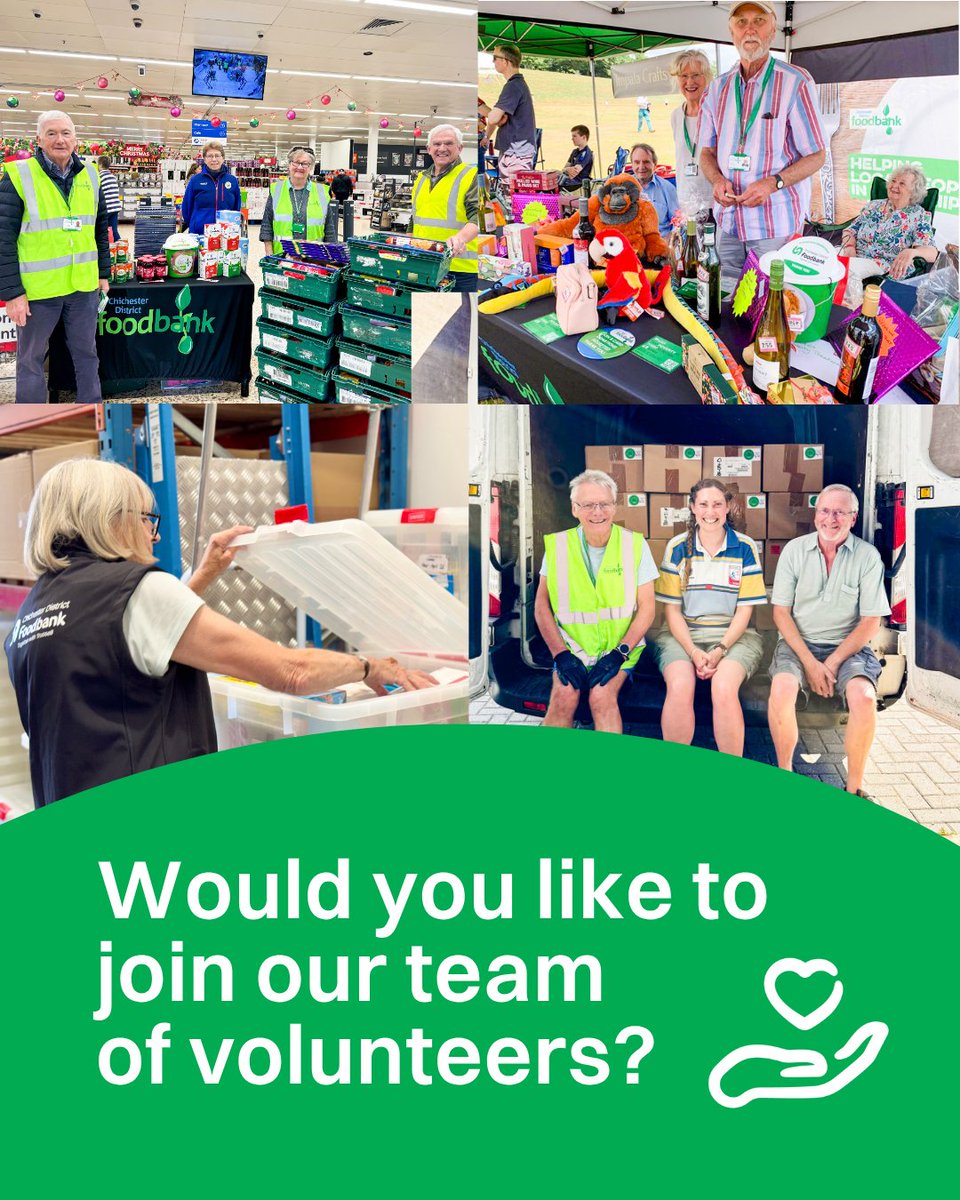 Would you like to join Chichester District Foodbank's friendly team of volunteers? 💚 We're always in need of more support - whether it’s packing parcels, delivering food, supporting events, or chatting with clients by phone 👉 bit.ly/volunteer-with…