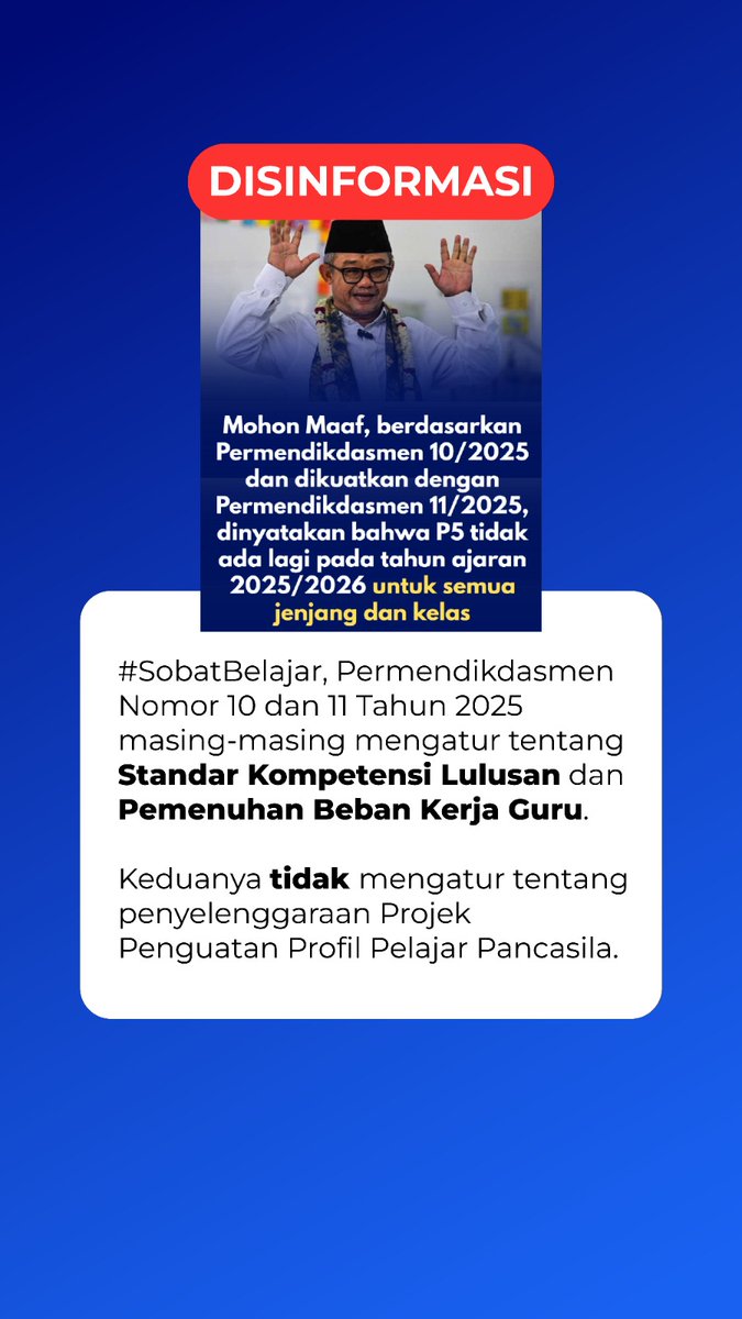 #SobatBelajar, Permendikdasmen Nomor 10 dan 11 tahun 2025 masing-masing mengatur tentang Standar Kompetensi Lulusan dan Pemenuhan Beban Kerja Guru, ya. 

Keduanya tidak mengatur tentang penyelenggraan Projek Penguatan Profil Pelajar Pancasila.

#PendidikanBermutuuntukSemua
