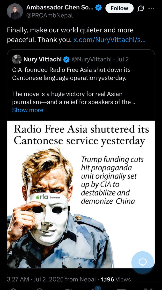 In case you needed more evidence of how Trump’s foreign policy cuts are helping the CCP, here are a Chinese ambassador and a Hong Kong pro-CCP propagandist celebrating Radio Free Asia’s demise.