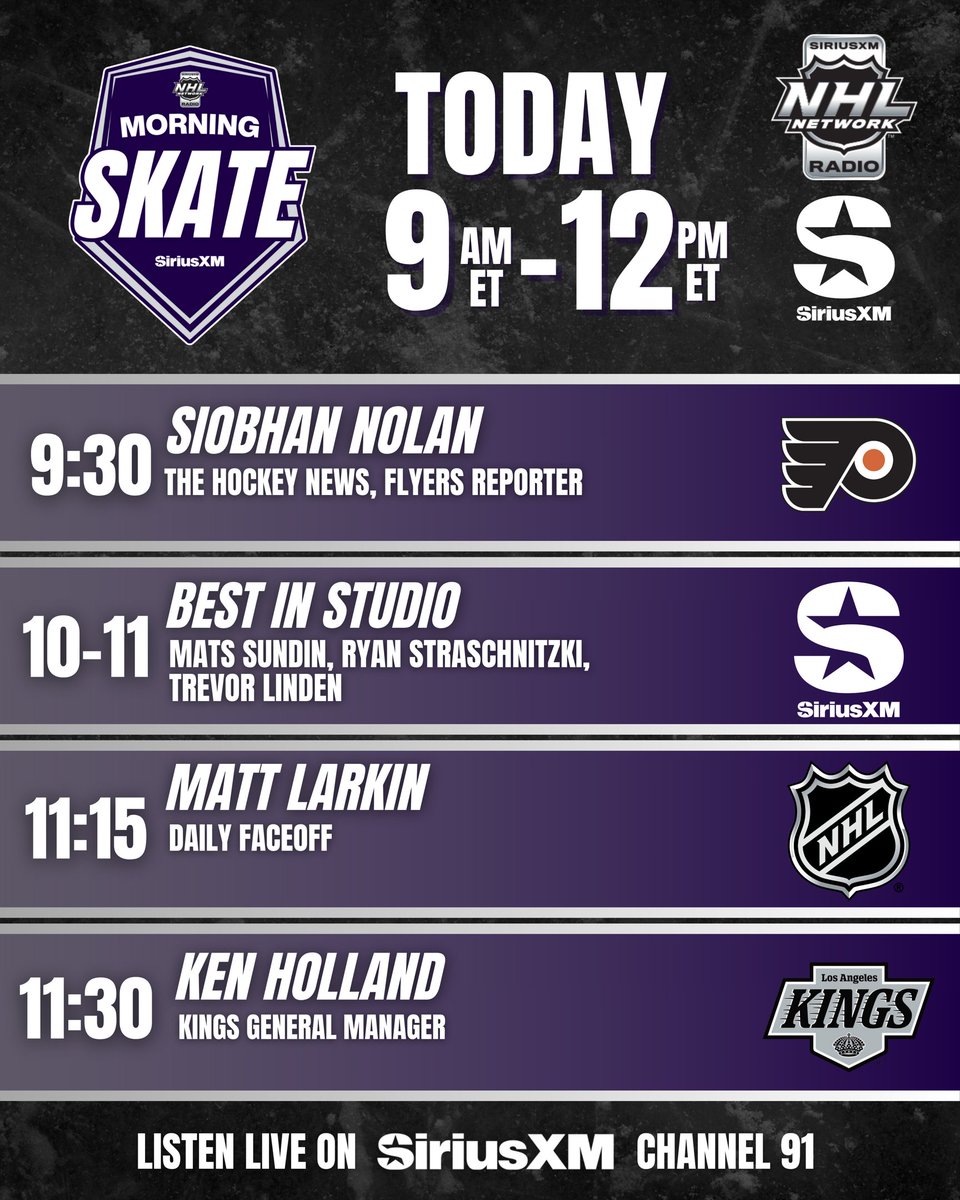 SiriusXM NHL Network Radio (@siriusxmnhl) on Twitter photo NHL Morning Skate is LIVE from 9AM-12PM ET with <a href="/LaughlinSXM/">Scott Laughlin</a> and <a href="/GordStellick/">Gord Stellick</a>!
SiriusXM.ca/NHLLive/ NHL Morning Skate is LIVE from 9AM-12PM ET with <a href="/LaughlinSXM/">Scott Laughlin</a> and <a href="/GordStellick/">Gord Stellick</a>!
SiriusXM.ca/NHLLive/