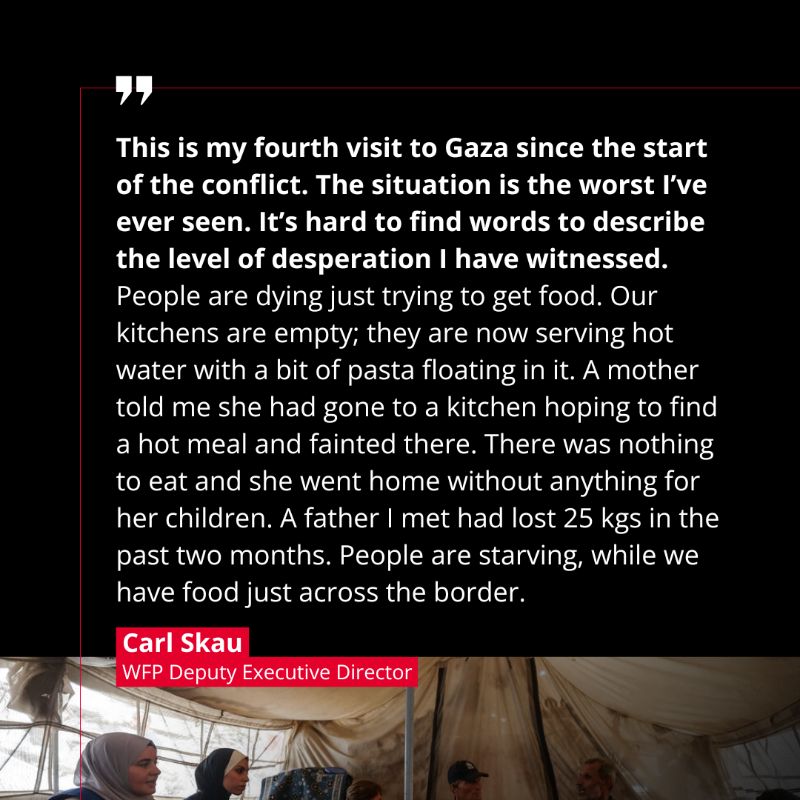 WFP's tweet photo. “This is the worst I’ve ever seen."

Swipe to read the words of WFP’s Deputy Executive Director @CarlSkau describing the conditions, danger, and shortages driving hunger in #Gaza.