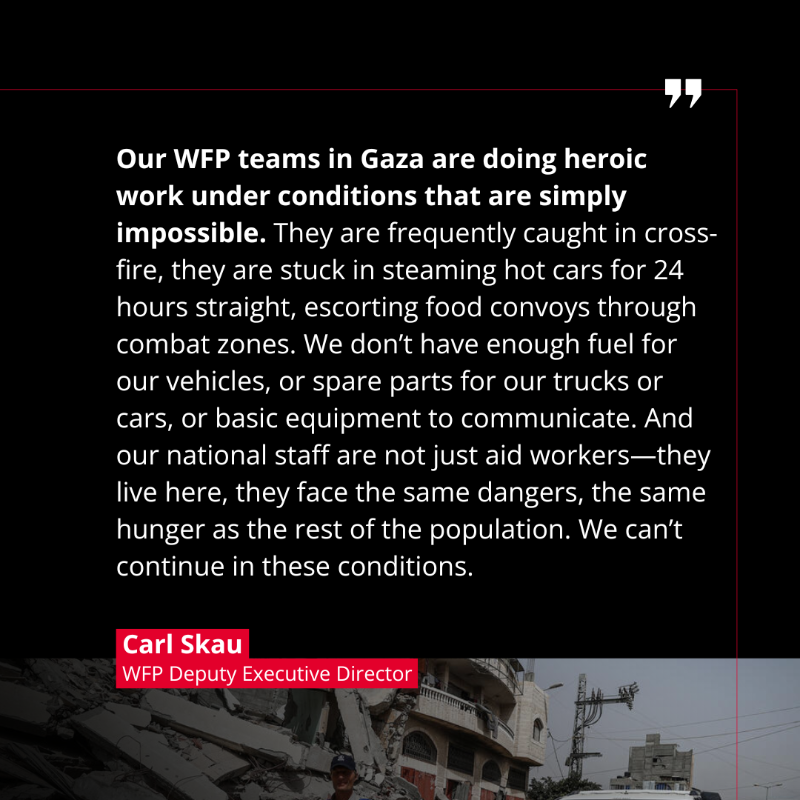 WFP's tweet photo. “This is the worst I’ve ever seen."

Swipe to read the words of WFP’s Deputy Executive Director @CarlSkau describing the conditions, danger, and shortages driving hunger in #Gaza.