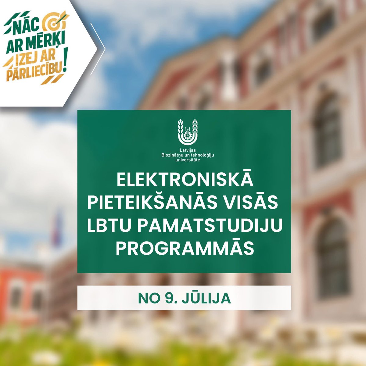 📚 Pieteikšanās pamatstudijām jau rīt!

💻 No 9. jūlija plkst. 9.00 notiks elektroniskā pieteikšanās LBTU pamatstudiju programmām dažādās nozarēs. 

💵 LBTU piedāvā vairāk nekā 700 budžeta vietas.

🔗 Par uzņemšanu: ej.uz/gt5d