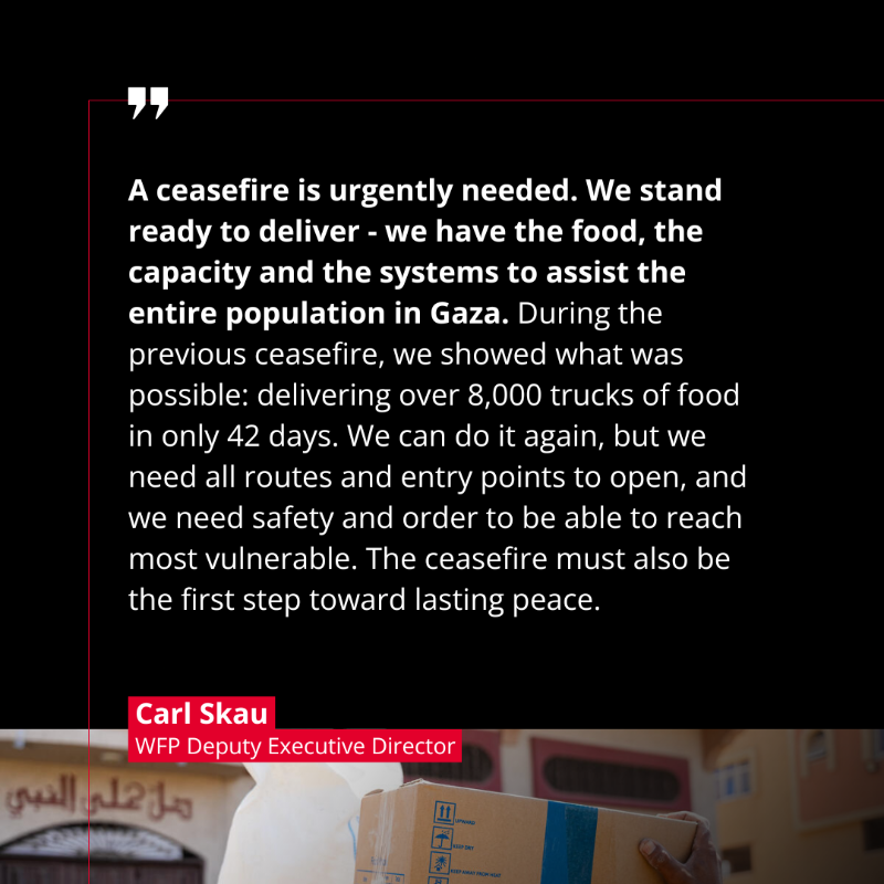 WFP's tweet photo. “This is the worst I’ve ever seen."

Swipe to read the words of WFP’s Deputy Executive Director @CarlSkau describing the conditions, danger, and shortages driving hunger in #Gaza.