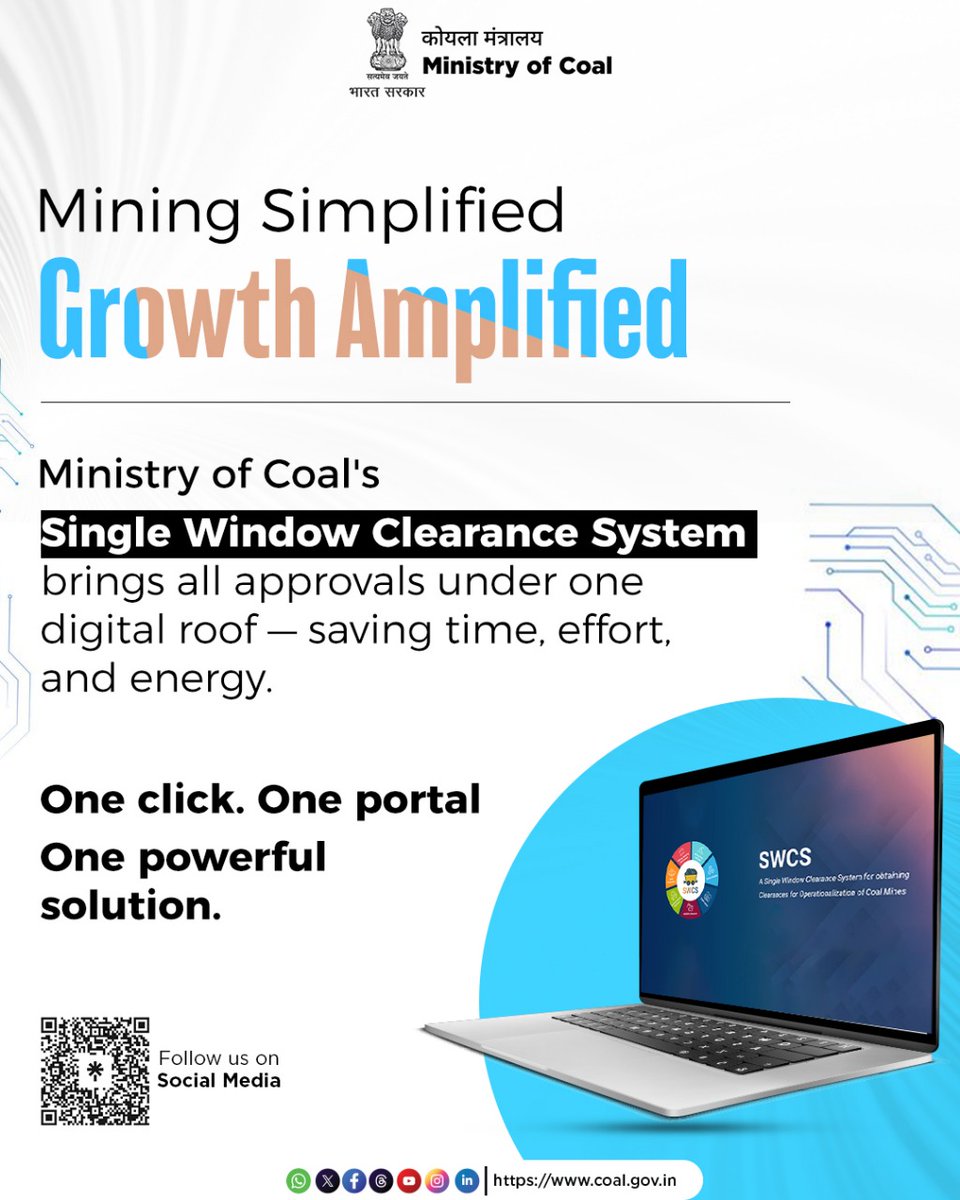 The Single Window Clearance System by the Ministry of Coal brings all mining-related approvals under one digital platform.

It makes the process faster, easier, and more transparent.
Just one click -
All clearances, one portal.
Saving time, effort, and energy.
Mining made simple,