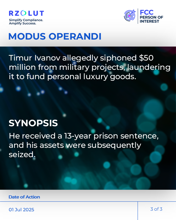 RzolutL's tweet image. On 1 July 2025, Timur Ivanov, Russia’s former deputy defense minister, was sentenced to 13 years in prison for embezzling approximately $50 million and laundering the funds while overseeing military construction, housing, and support projects. 

#corruption #pep #adversemedia