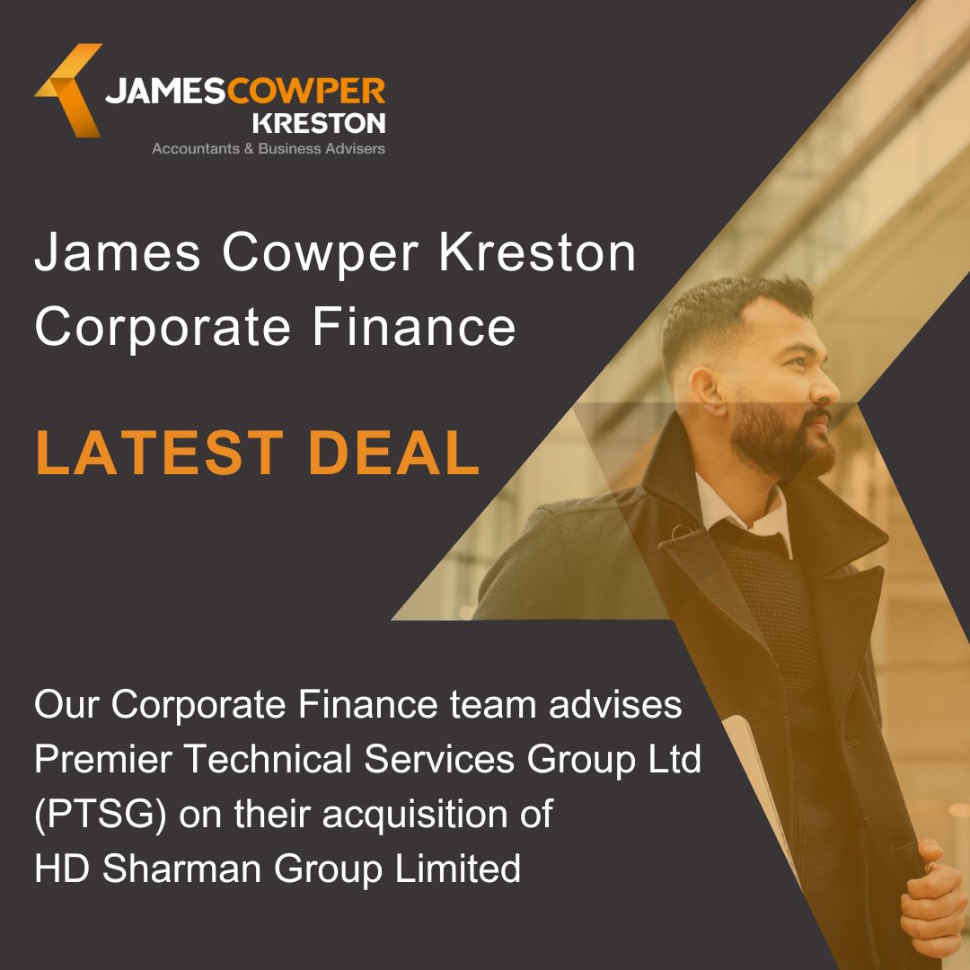 Our Corporate Finance team, provided financial and tax due diligence services to Premier Technical Services Group Ltd (PTSG) on its acquisition of HD Sharman Group Limited.🤝

Read our full press release here 👉 jamescowperkreston.co.uk/news/our-corpo…

#MaximiseYourPotential #JamesCowperKreston