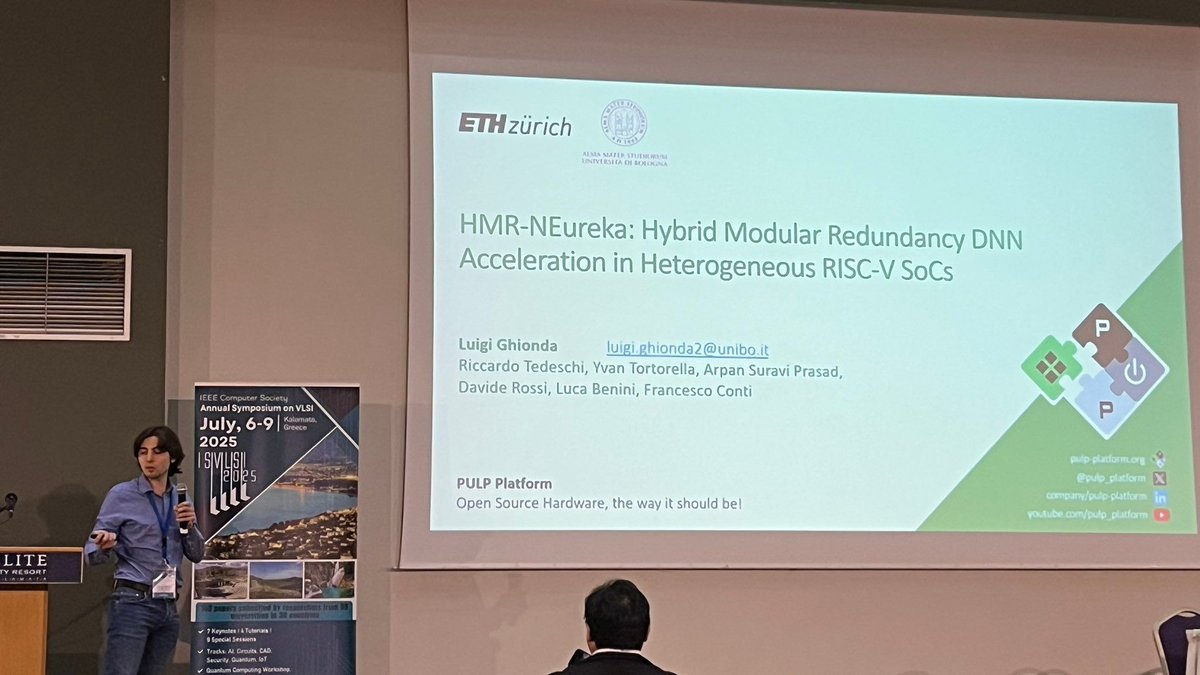 pulp_platform's tweet image. #ISVLSI2025 is currently under way in Kalamata. Here is Luigi presenting "HMR-NEureka: Hybrid Modular Redundancy DNN Acceleration in Heterogeneous RISC-V SoCs" .