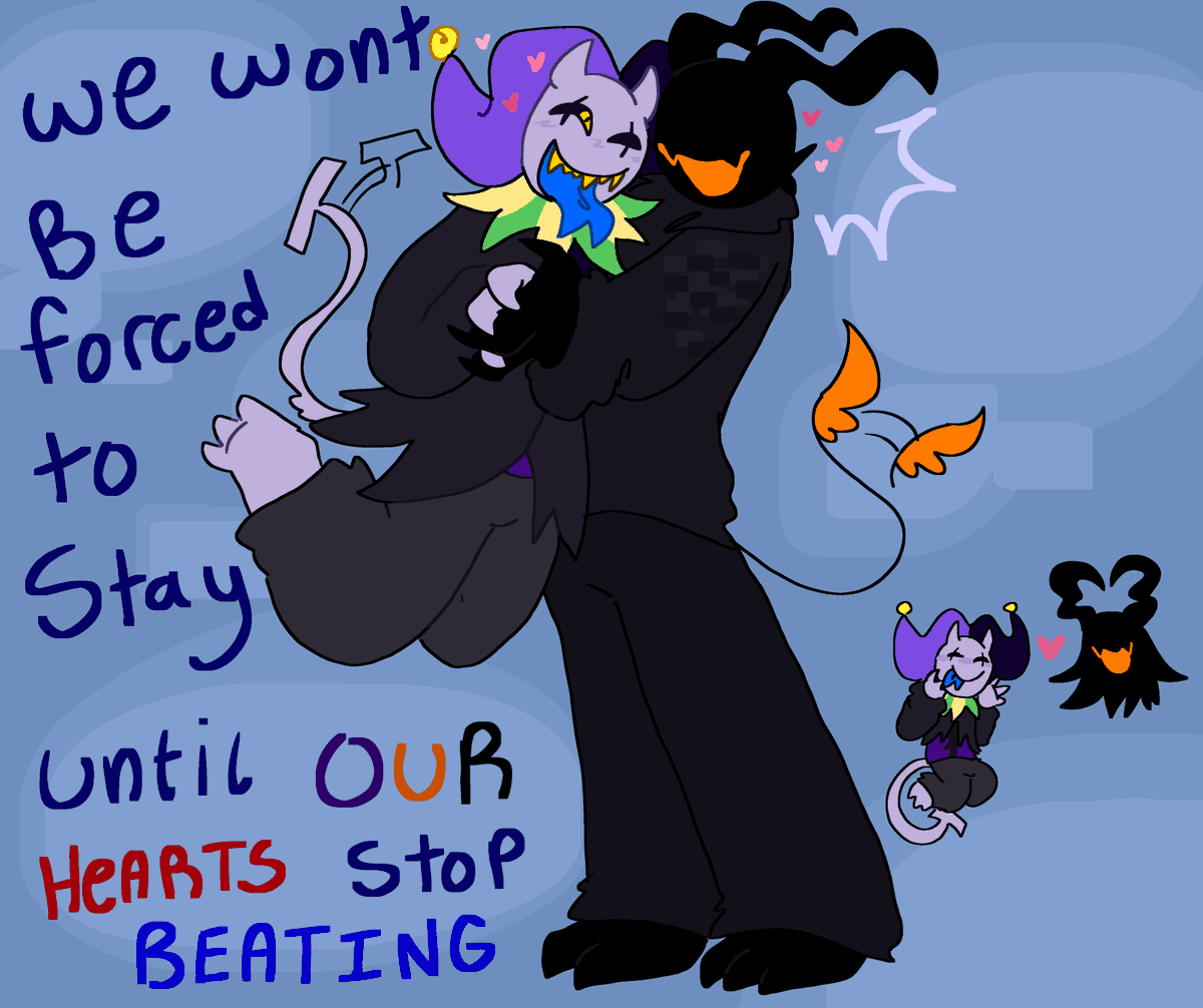 barter_n_fail's tweet image. Pairing I thought might be cute. I&apos;m thinking Halloweenduo? Their color pallets juts compliment each other so well 
#DeltaruneChapter3 #Eram #Jevil