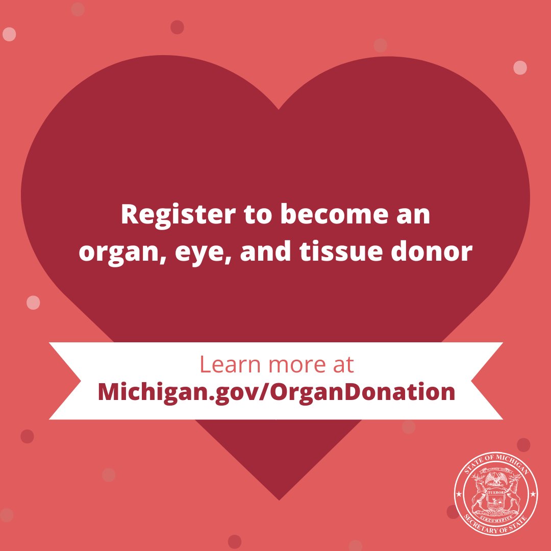 MichSoS's tweet image. MDOS is proud to partner with @GiftofLifeMich to enable residents to register to become an organ, eye, and tissue donor when they apply for or renew their driver’s license or ID.
Learn more: Michigan.gov/OrganDonation